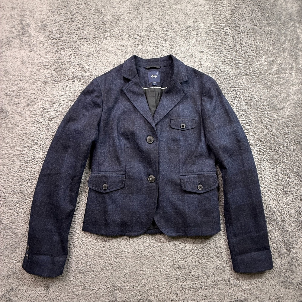 Gap Y2K Shadow Plaid Womens Preppy Blazer Wool Blend Dark Blue Size 0 Lined
